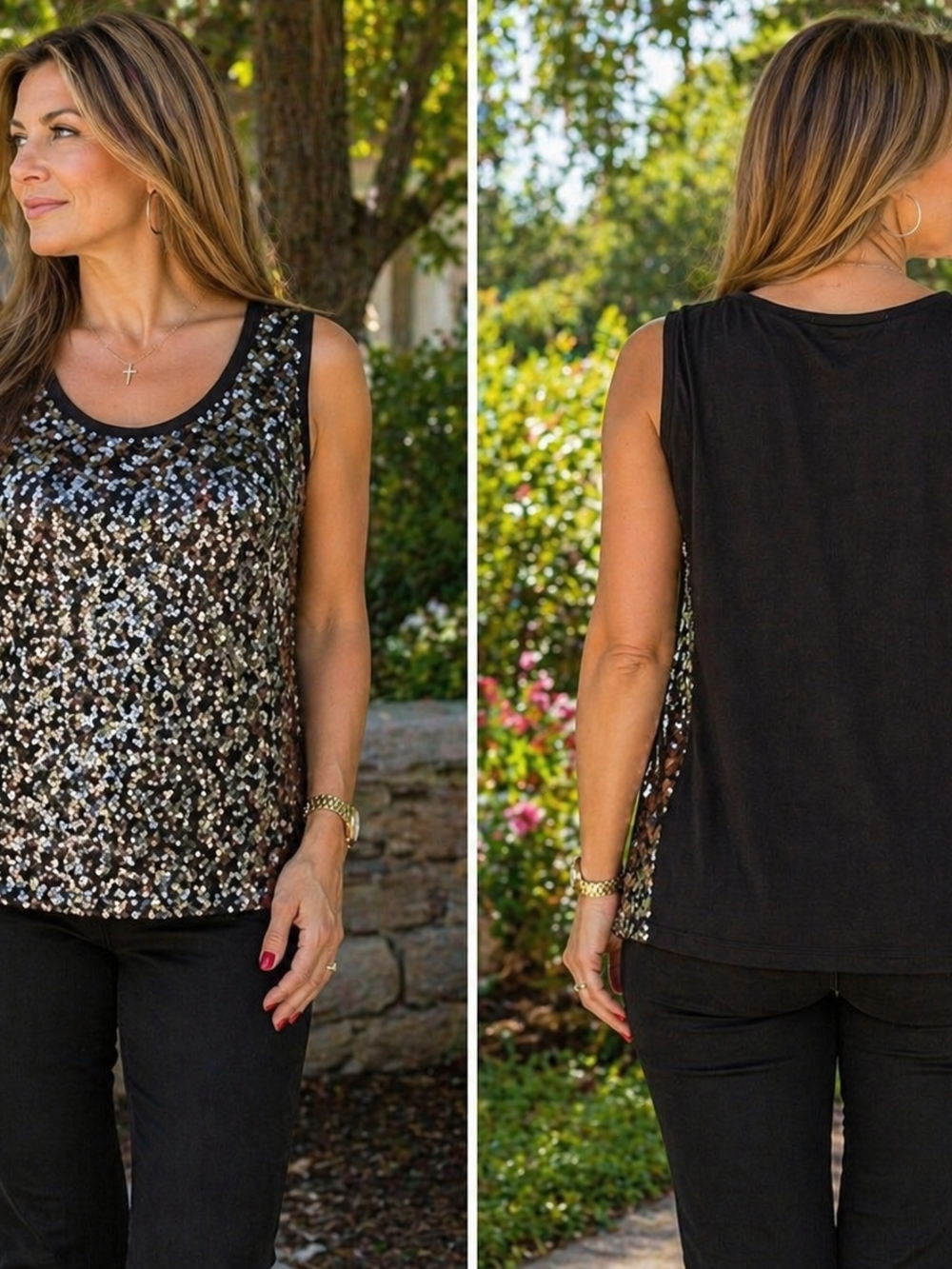 MICHAEL Michael Kors Dark Brown W/ Gold Sequin Front Sleeveless Tank